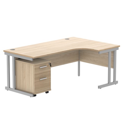 Double Upright Right Hand Radial Desk + 2 Drawer Mobile Under Desk Pedestal 1800X1200 Canadian Oak/Silver