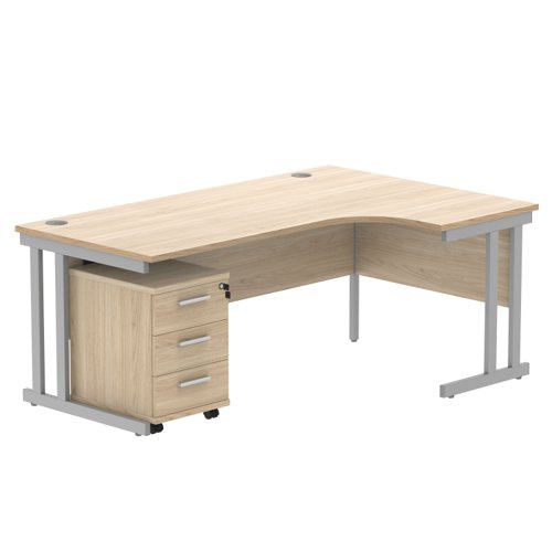 Double Upright Right Hand Radial Desk + 3 Drawer Mobile Under Desk Pedestal 1800X1200 Canadian Oak/Silver