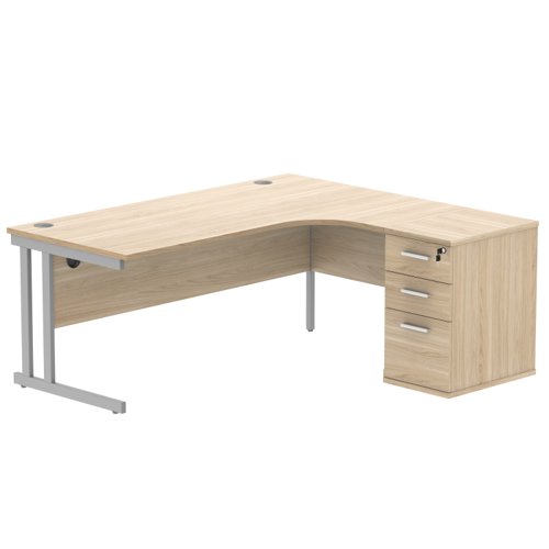 Double Upright Right Hand Radial Desk + Desk High Pedestal 600mm Deep Pedestal 1800X1200 Canadian Oak/Silver