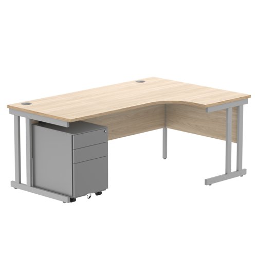 Double Upright Right Hand Radial Desk + Under Desk Steel Pedestal 3 Drawers 1800X1200 Canadian Oak/Silver
