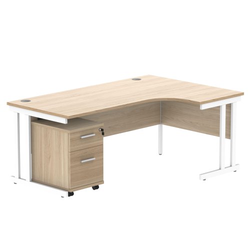 Double Upright Right Hand Radial Desk + 2 Drawer Mobile Under Desk Pedestal 1800X1200 Canadian Oak/White
