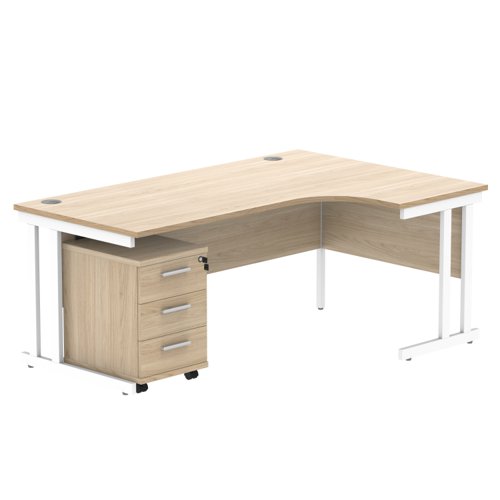 Double Upright Right Hand Radial Desk + 3 Drawer Mobile Under Desk Pedestal 1800X1200 Canadian Oak/White