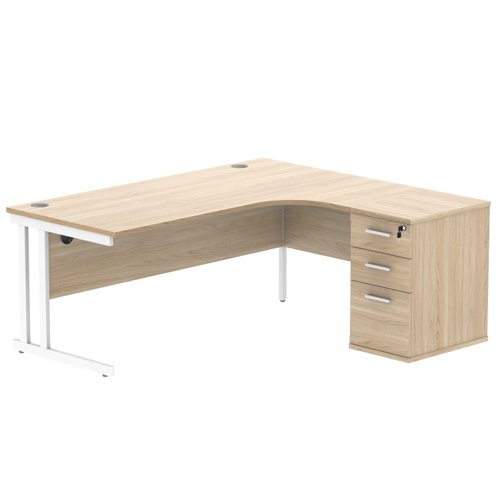 Double Upright Right Hand Radial Desk + Desk High Pedestal 600mm Deep Pedestal 1800X1200 Canadian Oak/White