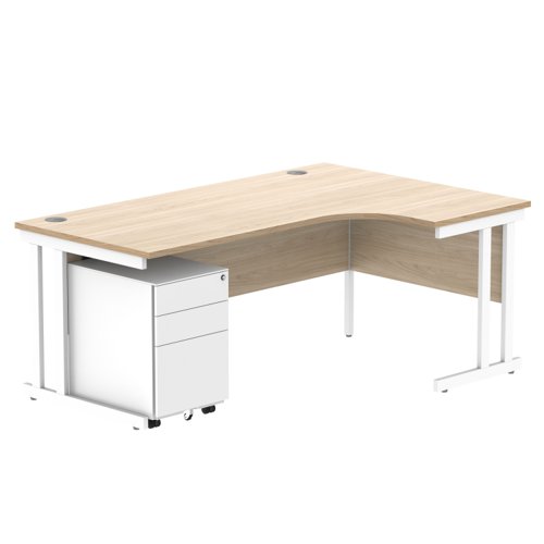 Double Upright Right Hand Radial Desk + Under Desk Steel Pedestal 3 Drawers 1800X1200 Canadian Oak/White