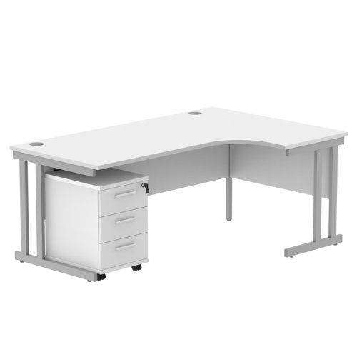 Double Upright Right Hand Radial Desk + 3 Drawer Mobile Under Desk Pedestal 1800X1200 Arctic White/Silver