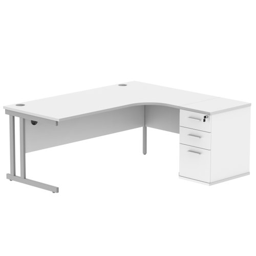 Double Upright Right Hand Radial Desk + Desk High Pedestal 600mm Deep Pedestal 1800X1200 Arctic White/Silver
