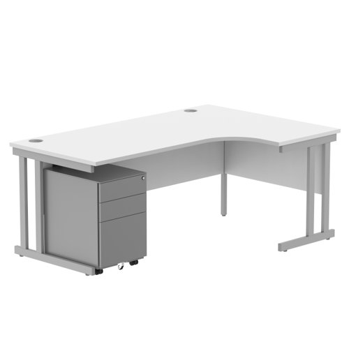 Double Upright Right Hand Radial Desk + Under Desk Steel Pedestal 3 Drawers 1800X1200 Arctic White/Silver