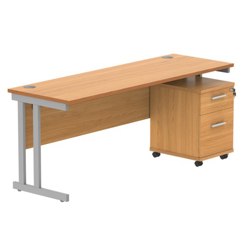 Double Upright Rectangular Desk + 2 Drawer Mobile Under Desk Pedestal (FSC) 1800X600 Norwegian Beech/Silver