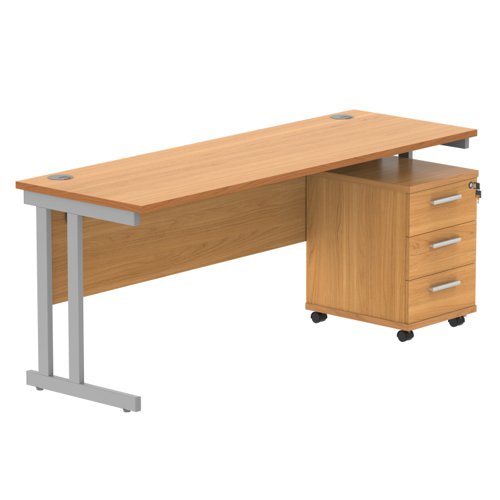 Double Upright Rectangular Desk + 3 Drawer Mobile Under Desk Pedestal 1800X600 Norwegian Beech/Silver