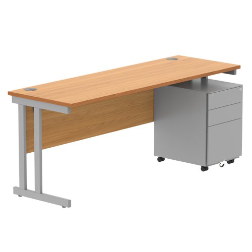 Double Upright Rectangular Desk + Under Desk Steel Pedestal 3 Drawers 1800X600 Norwegian Beech/Silver