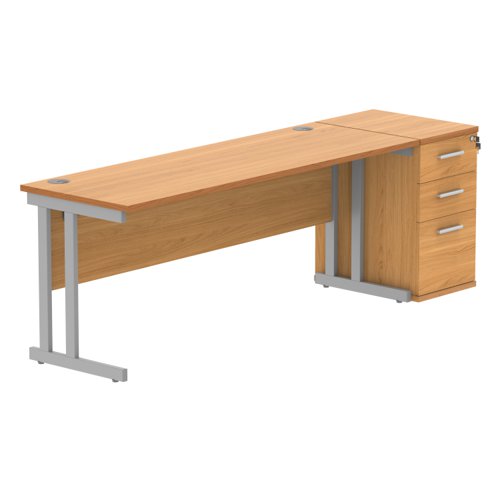 Double Upright Rectangular Desk + Desk High Pedestal 1800X600 Norwegian Beech/Silver