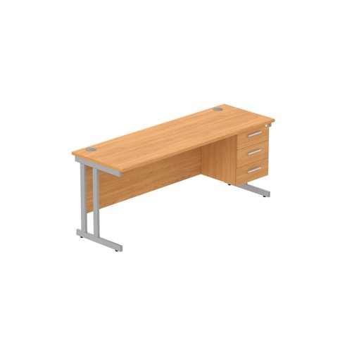 Office Rectangular Desk with Steel Double Upright Cantilever Legs + 3 Drawer Fixed Pedestal (FSC) 1800X600 Norwegian Beech/Silver