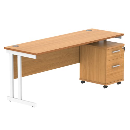 Double Upright Rectangular Desk + 2 Drawer Mobile Under Desk Pedestal 1800X600 Norwegian Beech/White