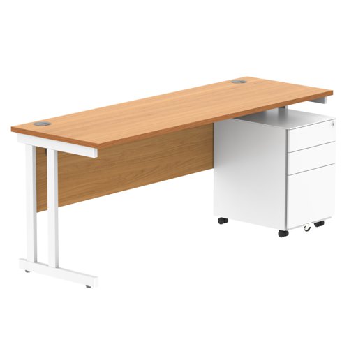 Double Upright Rectangular Desk + Under Desk Steel Pedestal 3 Drawers 1800X600 Norwegian Beech/White