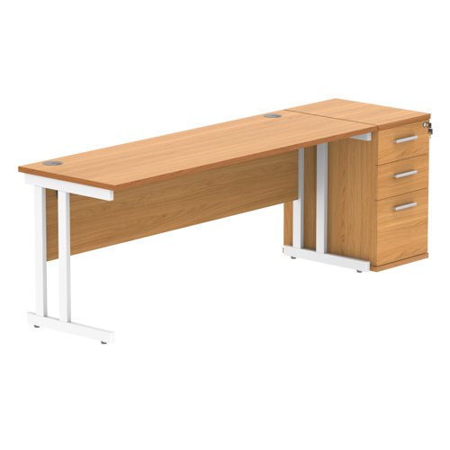 Double Upright Rectangular Desk + Desk High Pedestal (FSC) 1800X600 Norwegian Beech/White