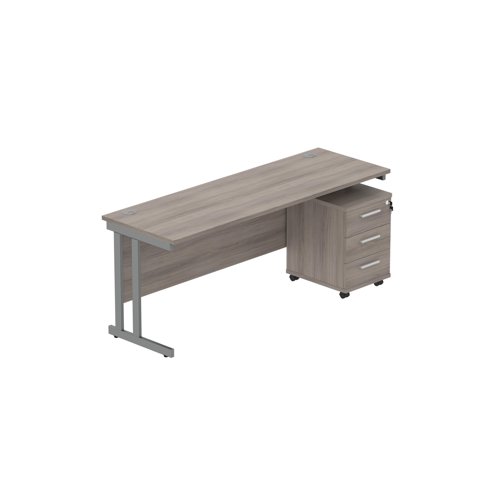 Double Upright Rectangular Desk + 3 Drawer Mobile Under Desk Pedestal (FSC) 1800X600 Alaskan Grey Oak/Graphite