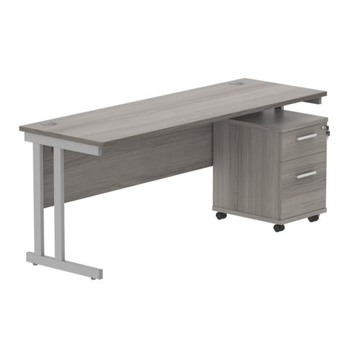 Double Upright Rectangular Desk + 2 Drawer Mobile Under Desk Pedestal (FSC) 1800X600 Alaskan Grey Oak/Silver