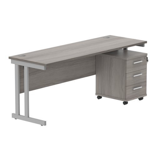 Double Upright Rectangular Desk + 3 Drawer Mobile Under Desk Pedestal 1800X600 Alaskan Grey Oak/Silver