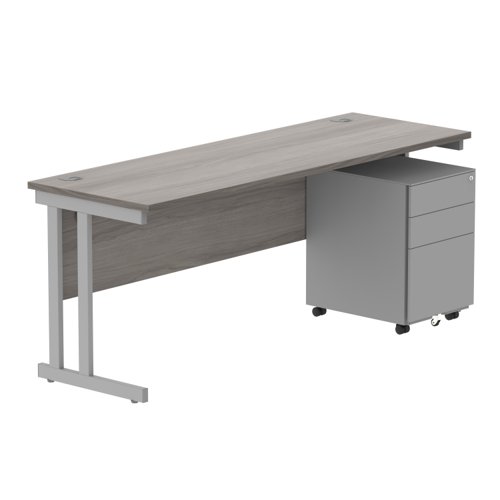 Double Upright Rectangular Desk + Under Desk Steel Pedestal 3 Drawers 1800X600 Alaskan Grey Oak/Silver