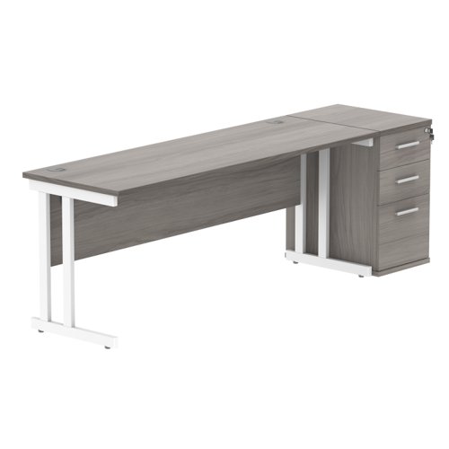 Double Upright Rectangular Desk + Desk High Pedestal 1800X600 Alaskan Grey Oak/Silver