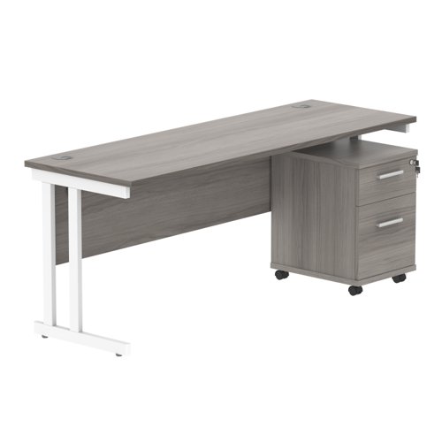 Double Upright Rectangular Desk + 2 Drawer Mobile Under Desk Pedestal (FSC) 1800X600 Alaskan Grey Oak/White