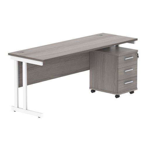 Double Upright Rectangular Desk + 3 Drawer Mobile Under Desk Pedestal 1800X600 Alaskan Grey Oak/White