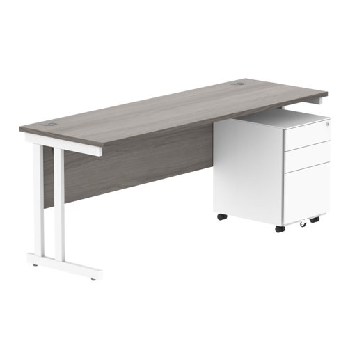 Double Upright Rectangular Desk + Under Desk Steel Pedestal 3 Drawers 1800X600 Alaskan Grey Oak/White