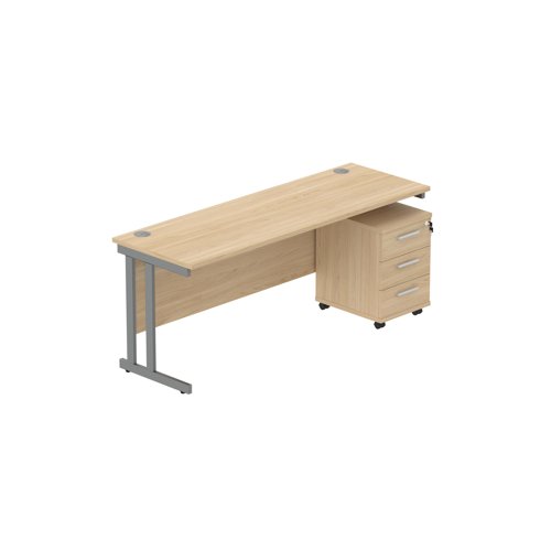 Double Upright Rectangular Desk + 3 Drawer Mobile Under Desk Pedestal (FSC) 1800X600 Canadian Oak/Graphite