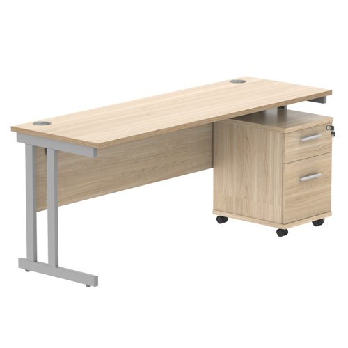 Double Upright Rectangular Desk + 2 Drawer Mobile Under Desk Pedestal (FSC) 1800X600 Canadian Oak/Silver