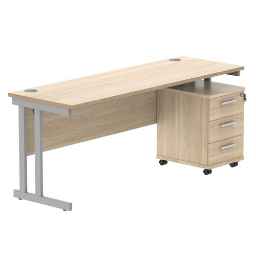 Double Upright Rectangular Desk + 3 Drawer Mobile Under Desk Pedestal 1800X600 Canadian Oak/Silver