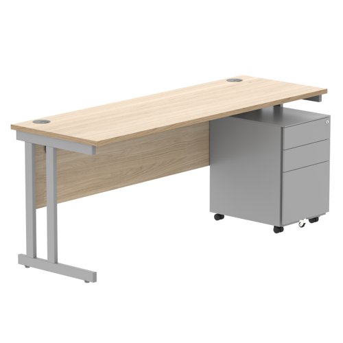 Double Upright Rectangular Desk + Under Desk Steel Pedestal 3 Drawers 1800X600 Canadian Oak/Silver