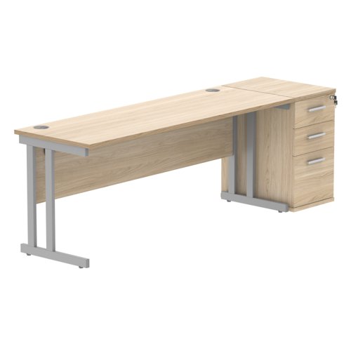 Double Upright Rectangular Desk + Desk High Pedestal 1800X600 Canadian Oak/Silver
