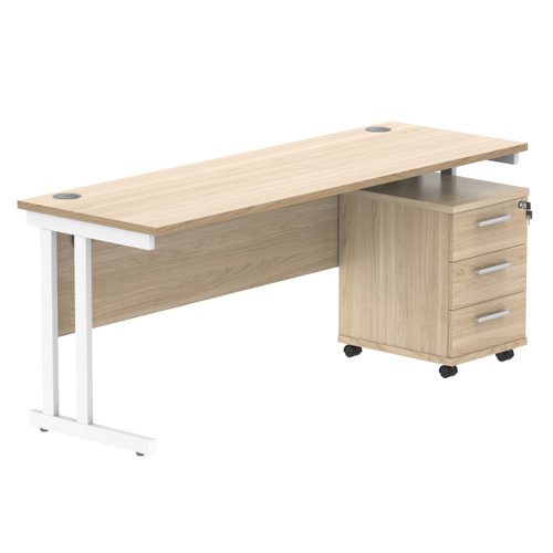 Double Upright Rectangular Desk + 3 Drawer Mobile Under Desk Pedestal 1800X600 Canadian Oak/White