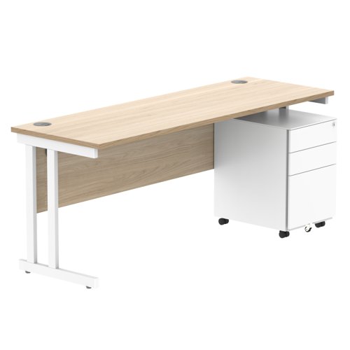 Double Upright Rectangular Desk + Under Desk Steel Pedestal 3 Drawers 1800X600 Canadian Oak/White