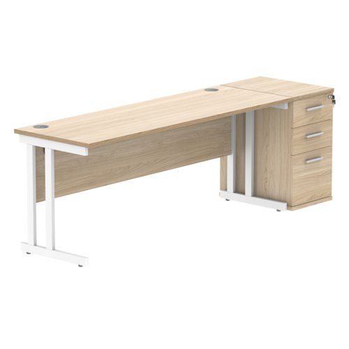 Double Upright Rectangular Desk + Desk High Pedestal 1800X600 Canadian Oak/White