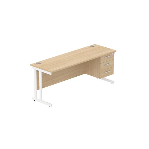 Office Rectangular Desk with Steel Double Upright Cantilever Legs + 3 Drawer Fixed Pedestal (FSC) 1800X600 Canadian Oak/White