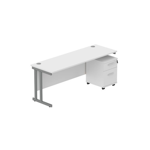 Double Upright Rectangular Desk + 2 Drawer Mobile Under Desk Pedestal (FSC) 1800X600 Arctic White/Graphite