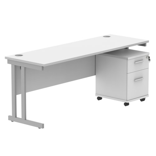 Double Upright Rectangular Desk + 2 Drawer Mobile Under Desk Pedestal 1800X600 Arctic White/Silver
