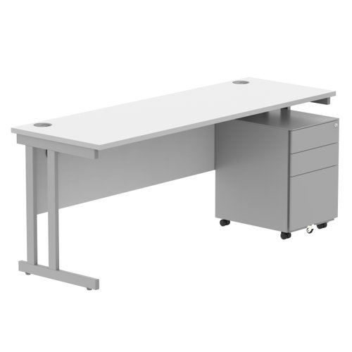 Double Upright Rectangular Desk + Under Desk Steel Pedestal 3 Drawers 1800X600 Arctic White/Silver