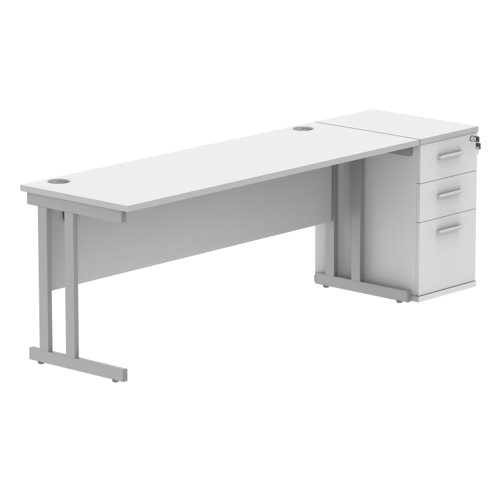 Double Upright Rectangular Desk + Desk High Pedestal 1800X600 Arctic White/Silver
