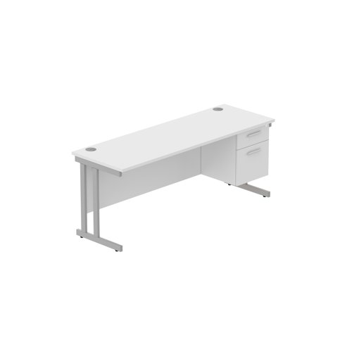 Office Rectangular Desk with Steel Double Upright Cantilever Legs + 2 Drawer Fixed Pedestal (FSC) 1800X600 Arctic White/Silver