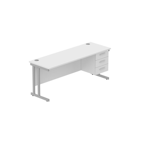 Office Rectangular Desk with Steel Double Upright Cantilever Legs + 3 Drawer Fixed Pedestal (FSC) 1800X600 Arctic White/Silver