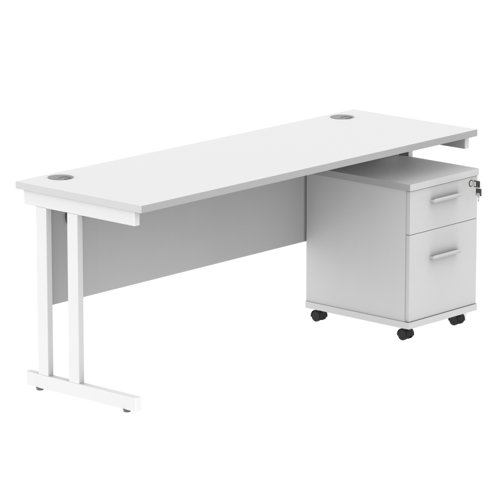 Double Upright Rectangular Desk + 2 Drawer Mobile Under Desk Pedestal 1800X600 Arctic White/White
