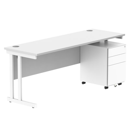 Double Upright Rectangular Desk + Under Desk Steel Pedestal 3 Drawers 1800X600 Arctic White/White