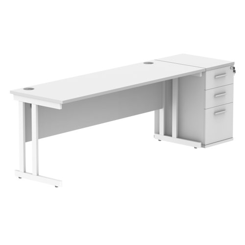 Double Upright Rectangular Desk + Desk High Pedestal 1800X600 Arctic White/White