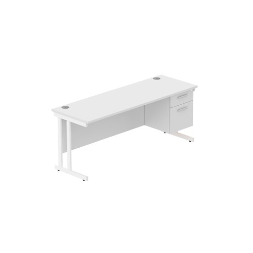 Office Rectangular Desk with Steel Double Upright Cantilever Legs + 2 Drawer Fixed Pedestal (FSC) 1800X600 Arctic White/White