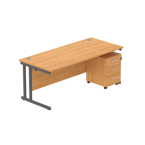 Double Upright Rectangular Desk + 3 Drawer Mobile Under Desk Pedestal  1800X800 Norwegian Beech/Graphite