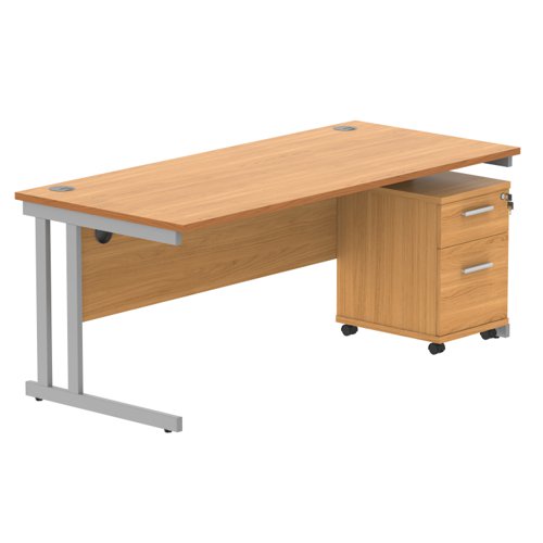 Double Upright Rectangular Desk + 2 Drawer Mobile Under Desk Pedestal 1800X800 Norwegian Beech/Silver