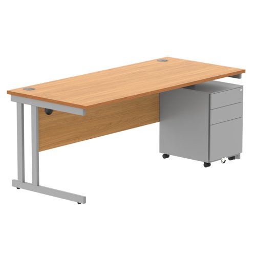 Double Upright Rectangular Desk + Under Desk Steel Pedestal 3 Drawers 1800X800 Norwegian Beech/Silver