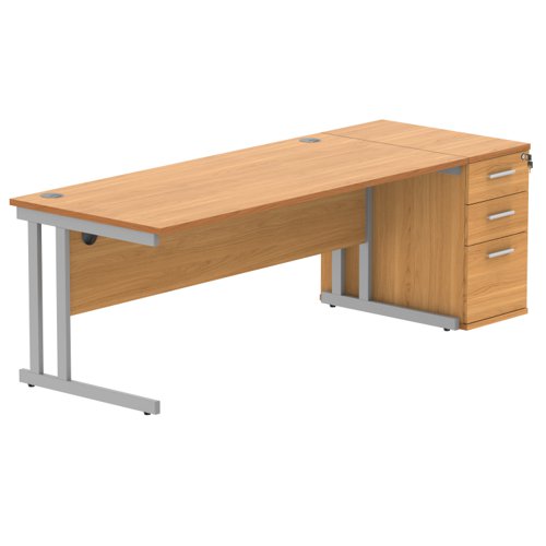 Double Upright Rectangular Desk + Desk High Pedestal 1800X800 Norwegian Beech/Silver